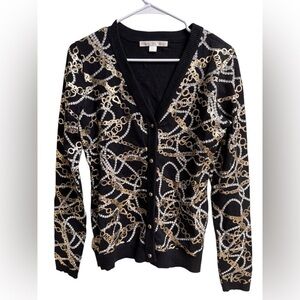 Boston Proper Chain Print Cardigan S Gold Silver Metallic Sequin Glam Cardigan